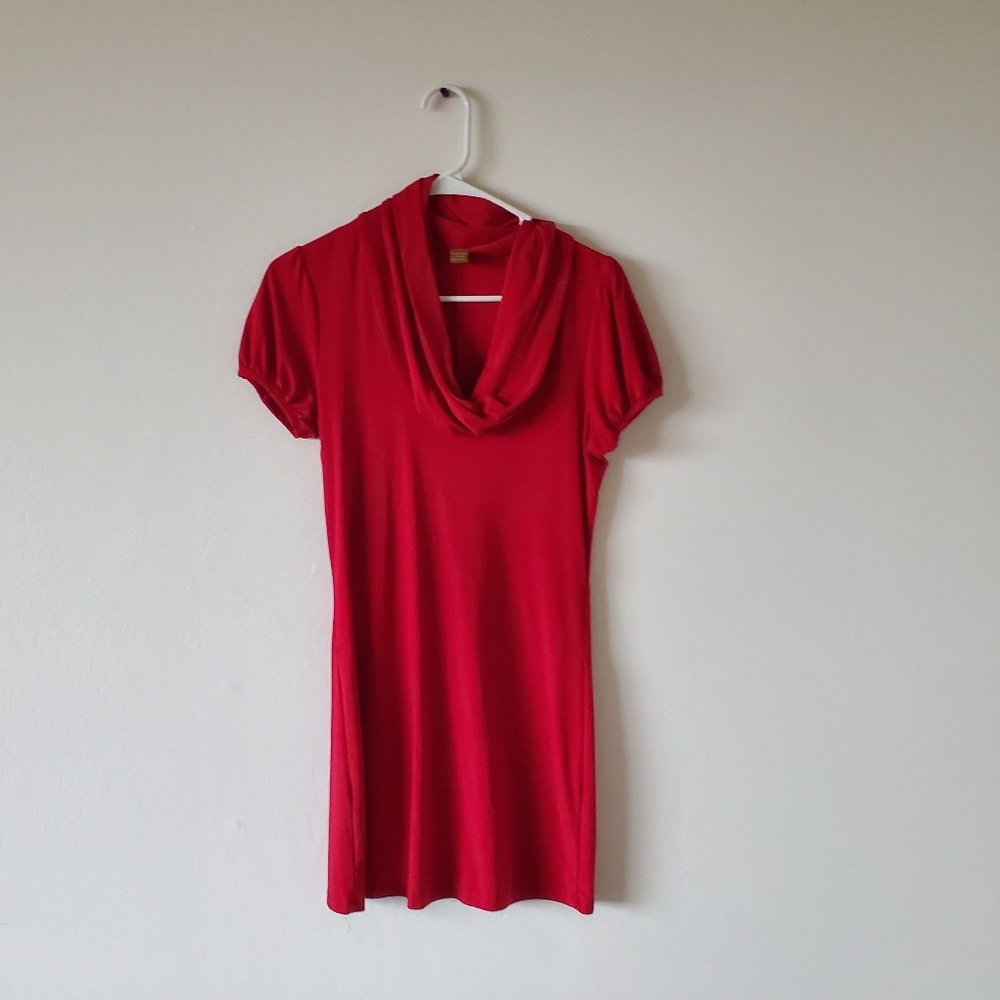 Red swoop neck dress.